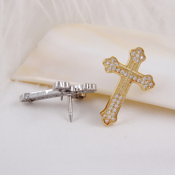 Broșă de rever în formă de cruce, din cupru, zirconiu încrustat, formă geometrică, încrustare
