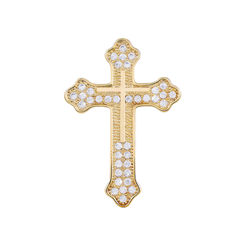 Broșă de rever în formă de cruce, din cupru, zirconiu încrustat, formă geometrică, încrustare