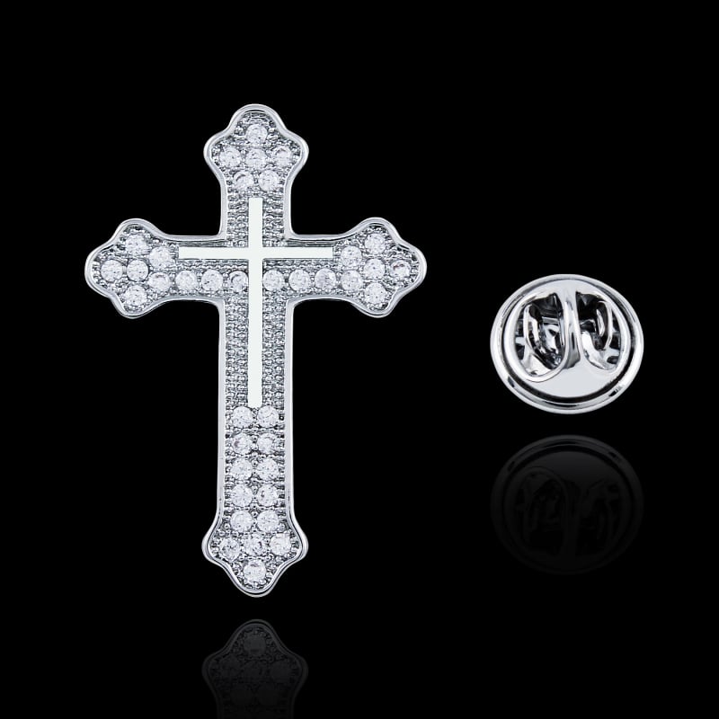 Broșă de rever în formă de cruce, din cupru, zirconiu încrustat, formă geometrică, încrustare