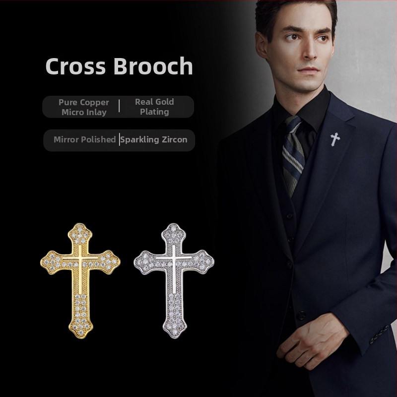 Broșă de rever în formă de cruce, din cupru, zirconiu încrustat, formă geometrică, încrustare