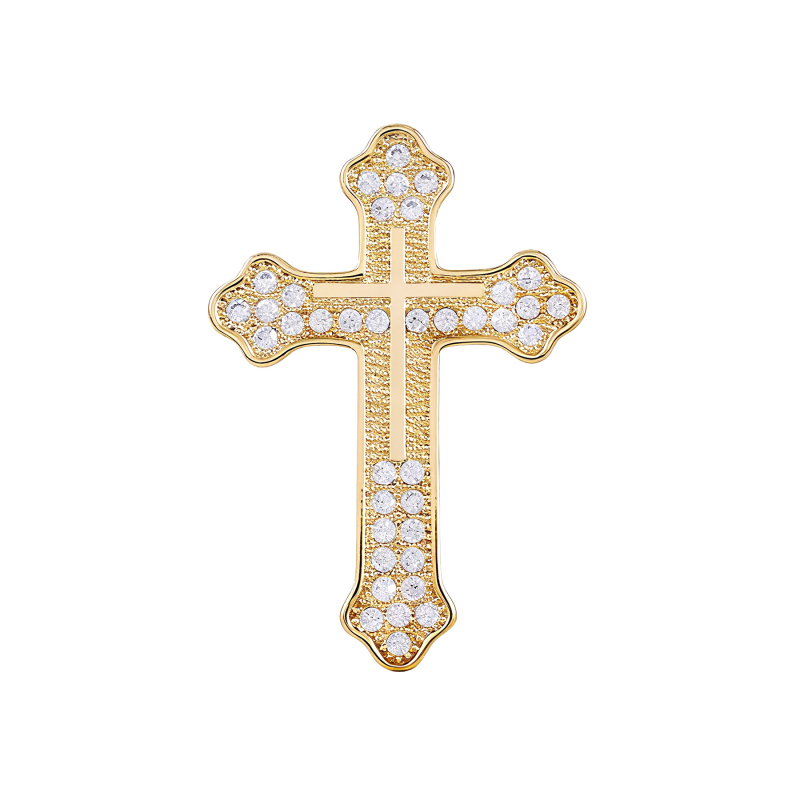 Broșă de rever în formă de cruce, din cupru, zirconiu încrustat, formă geometrică, încrustare