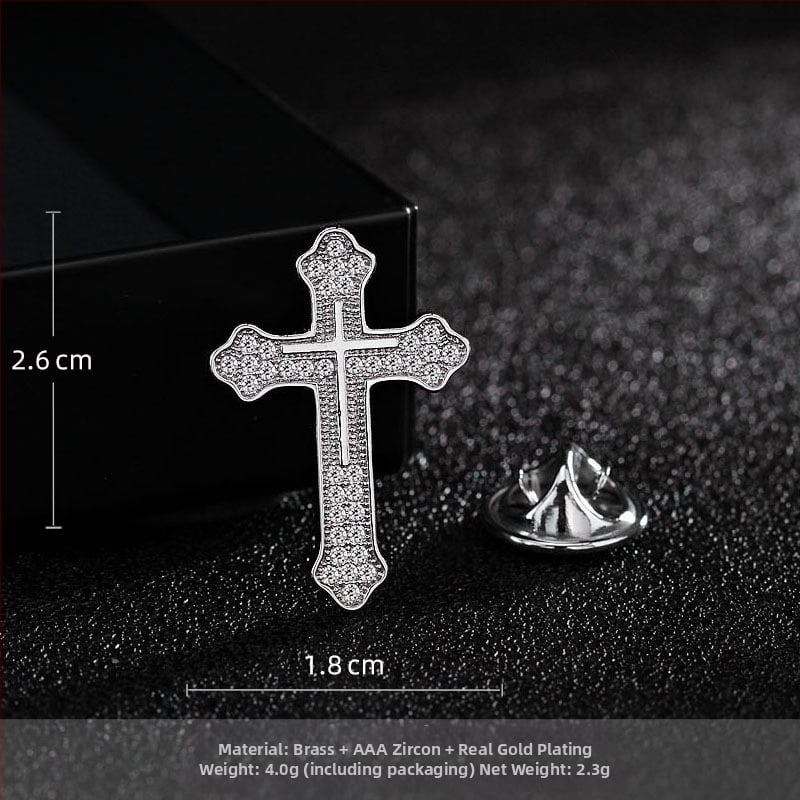 Broșă de rever în formă de cruce, din cupru, zirconiu încrustat, formă geometrică, încrustare
