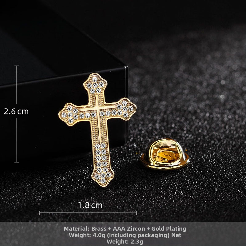 Broșă de rever în formă de cruce, din cupru, zirconiu încrustat, formă geometrică, încrustare