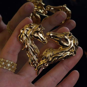 Broșă din cupru placat cu aur, cap de cal zodiac, motiv inimă, stil retro, accesoriu pentru femei