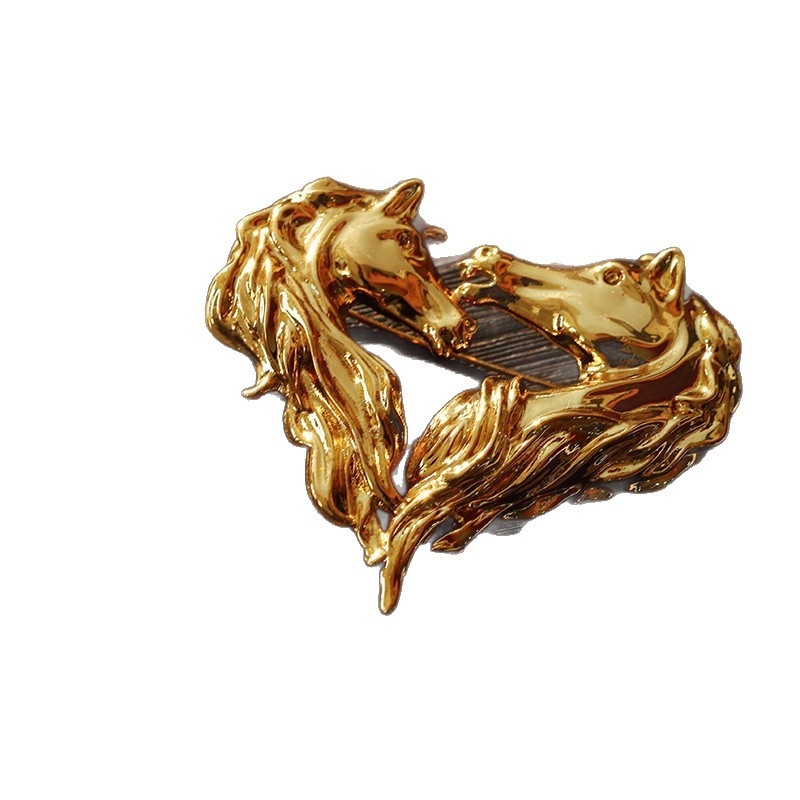 Broșă din cupru placat cu aur, cap de cal zodiac, motiv inimă, stil retro, accesoriu pentru femei