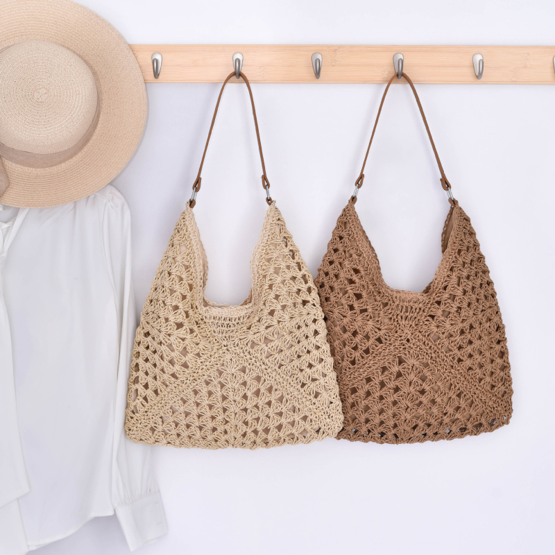 Плетена хартиена чанта за рамо, хоризонтална квадратна форма, магнитно закопчаване, джоб за телефон