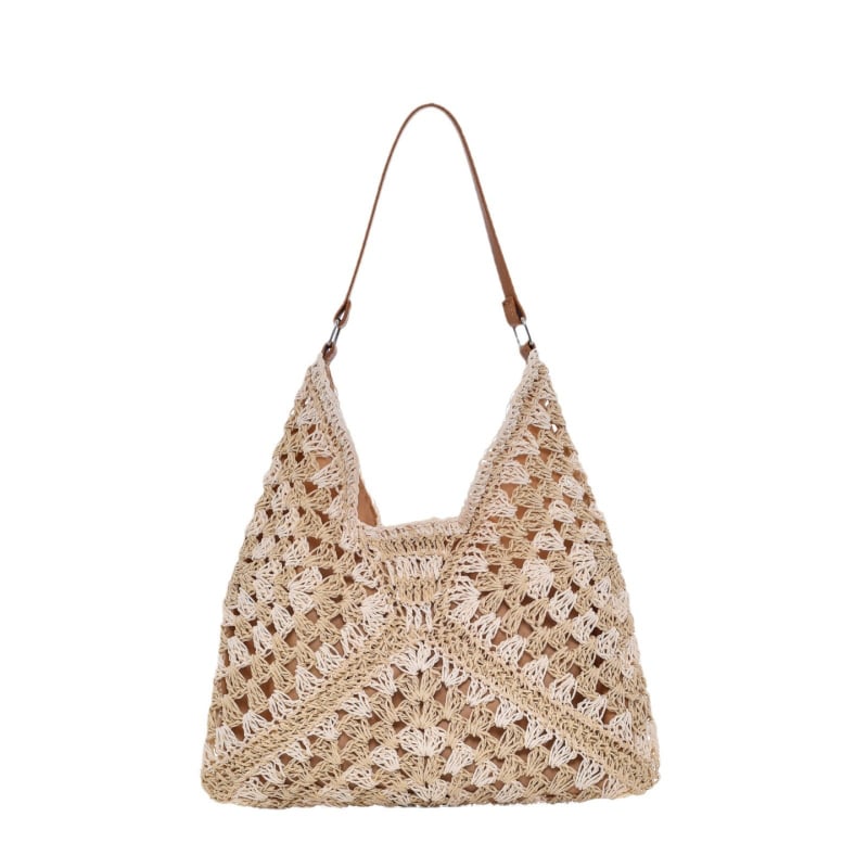 Плетена хартиена чанта за рамо, хоризонтална квадратна форма, магнитно закопчаване, джоб за телефон