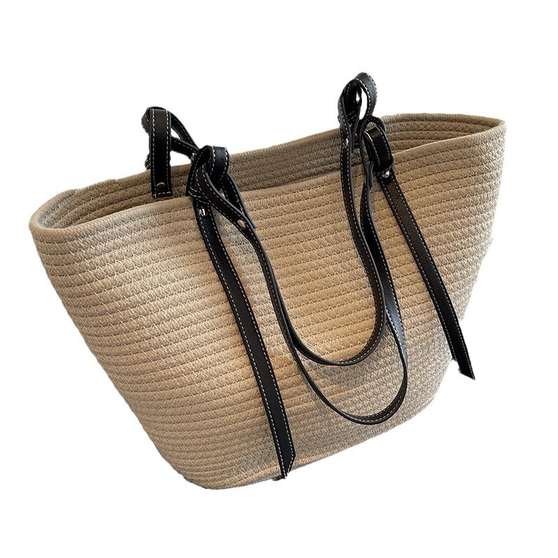 Ženska tote torba od pletene slame, poliester materijal, gradski minimalistički stil, oblik torbe za kupovinu, otvoren način otvaranja