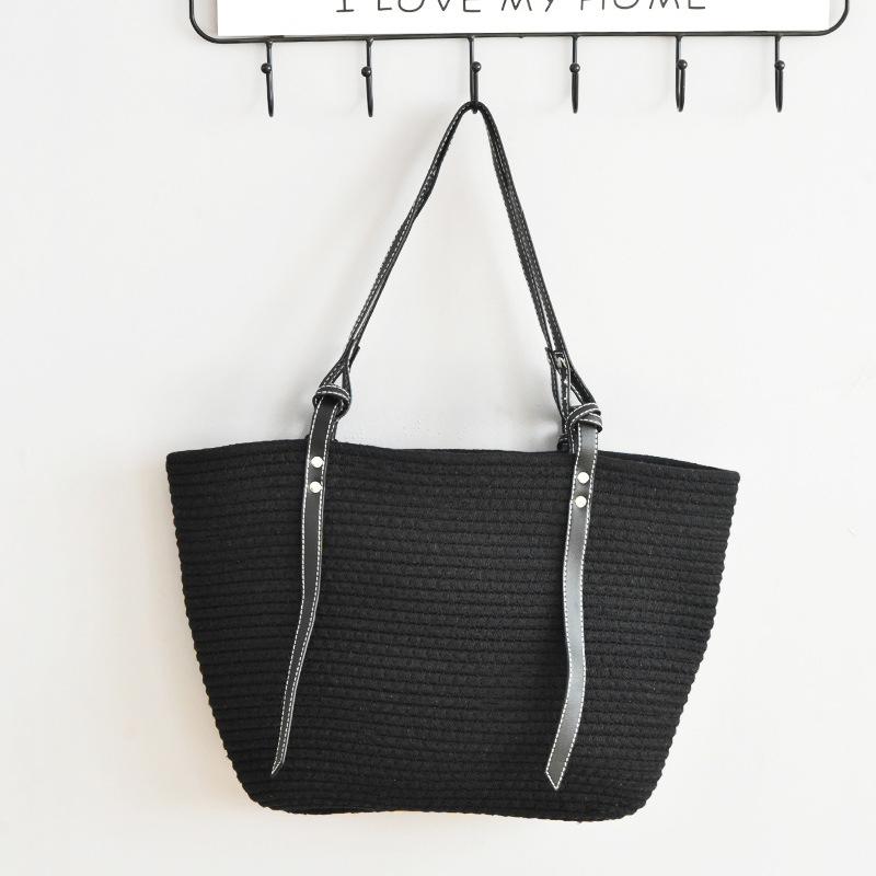 Ženska tote torba od pletene slame, poliester materijal, gradski minimalistički stil, oblik torbe za kupovinu, otvoren način otvaranja