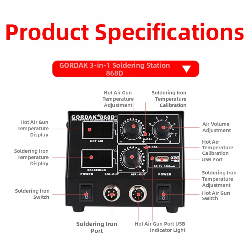 Gordak 868D karstā gaisa lodēšanas stacija – elektronikas lodēšanai, svars 2.92