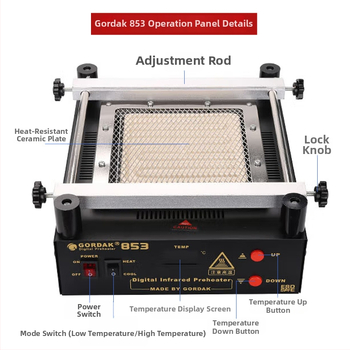 Goody BGA priekšsildīšanas platforma remontam – modelis 853, maksimāli 500°C, digitālais displejs, infrasarkanais apkures veids