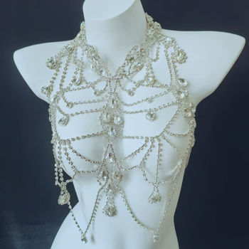 Телесен синджир с многослоен кристален дизайн, инкрустирани със сплав изкуствени камъни, електроплакиран