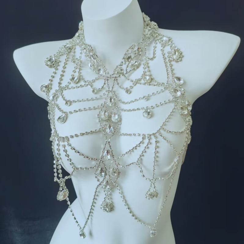 Телесен синджир с многослоен кристален дизайн, инкрустирани със сплав изкуствени камъни, електроплакиран