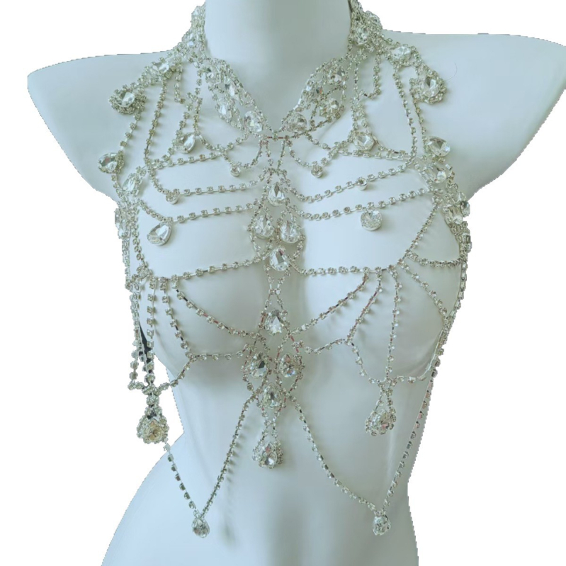 Телесен синджир с многослоен кристален дизайн, инкрустирани със сплав изкуствени камъни, електроплакиран