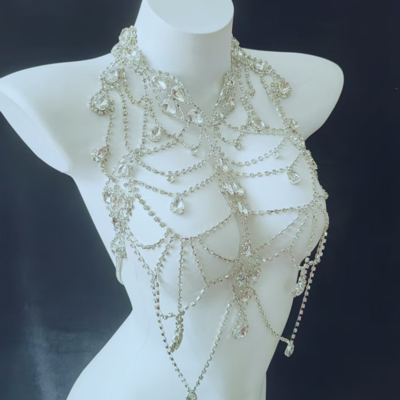 Телесен синджир с многослоен кристален дизайн, инкрустирани със сплав изкуствени камъни, електроплакиран