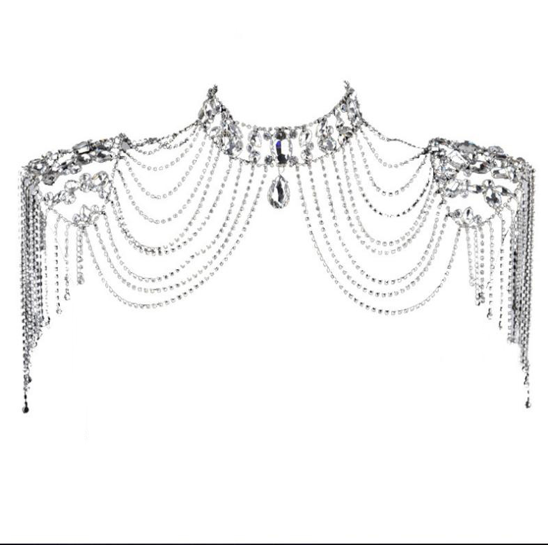 Колието с изкуствен кристал, ръчна изработка, кръстосана верига, ромбовидна и капковидна геометрия, тегло около 350 г