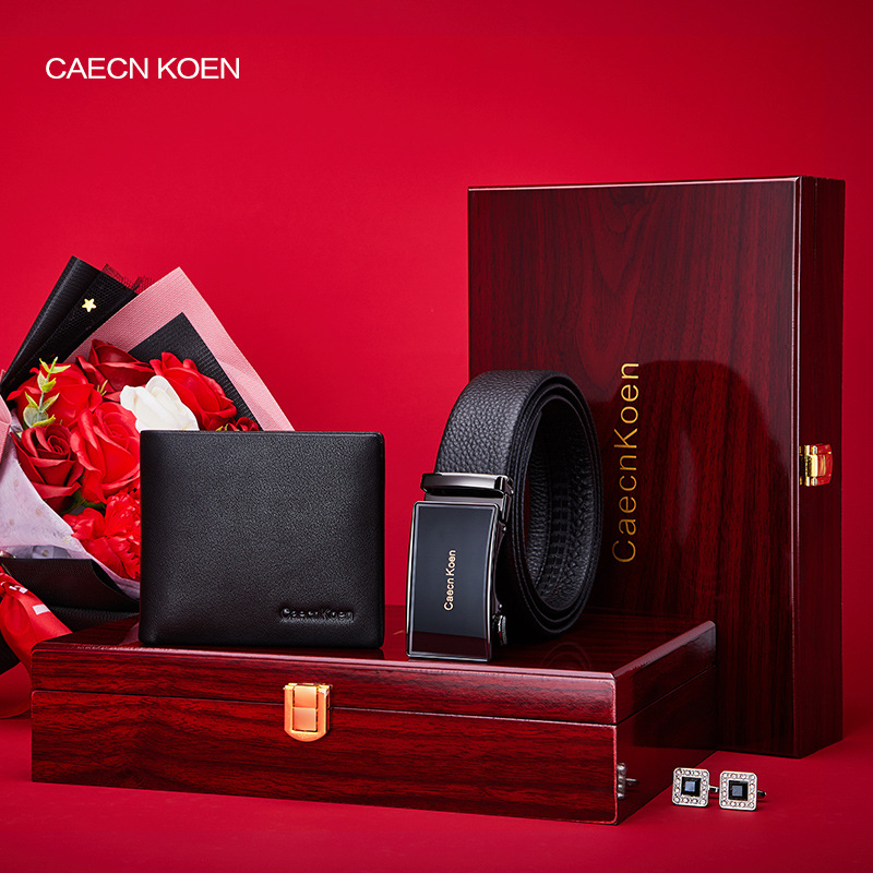 Pánske darčekové s boxom: kožená peňaženka a opasok s automatickou prackou — prvá vrstva hovädzej kože, pracka z zliatiny, obchodný štýl