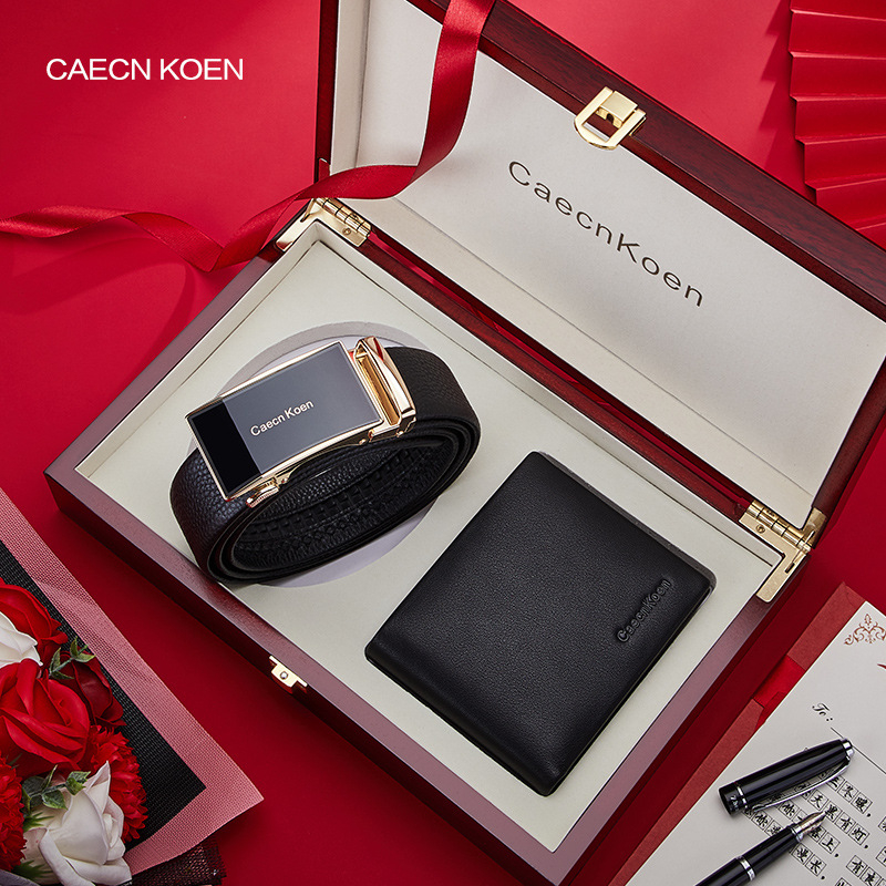 Pánske darčekové s boxom: kožená peňaženka a opasok s automatickou prackou — prvá vrstva hovädzej kože, pracka z zliatiny, obchodný štýl