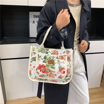 Geantă de prânz din pânză, cu imprimeu etnic, formă orizontală pătrată, fermoar