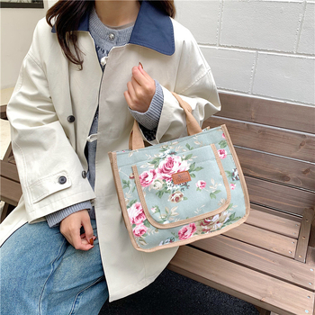 Geantă de prânz din pânză, cu imprimeu etnic, formă orizontală pătrată, fermoar