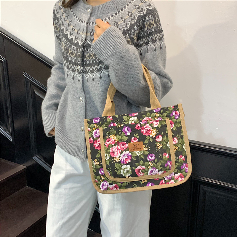 Geantă de prânz din pânză, cu imprimeu etnic, formă orizontală pătrată, fermoar