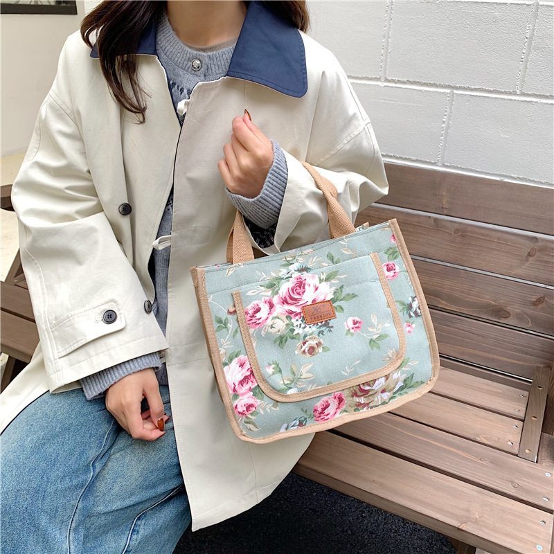 Geantă de prânz din pânză, cu imprimeu etnic, formă orizontală pătrată, fermoar