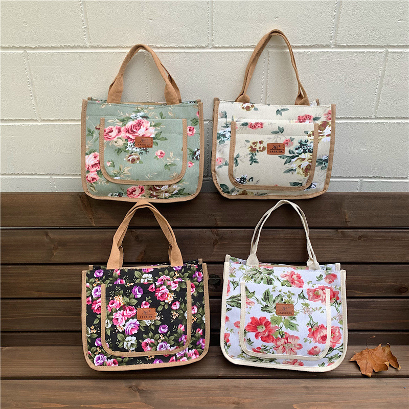 Geantă de prânz din pânză, cu imprimeu etnic, formă orizontală pătrată, fermoar