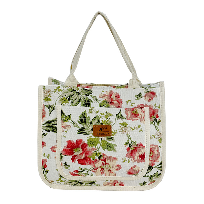 Geantă de prânz din pânză, cu imprimeu etnic, formă orizontală pătrată, fermoar