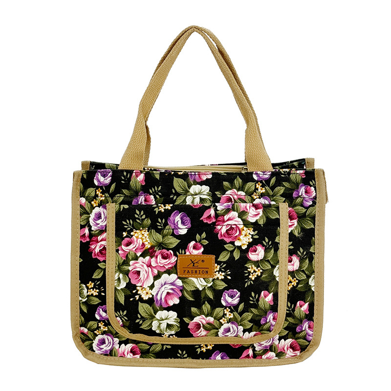 Geantă de prânz din pânză, cu imprimeu etnic, formă orizontală pătrată, fermoar