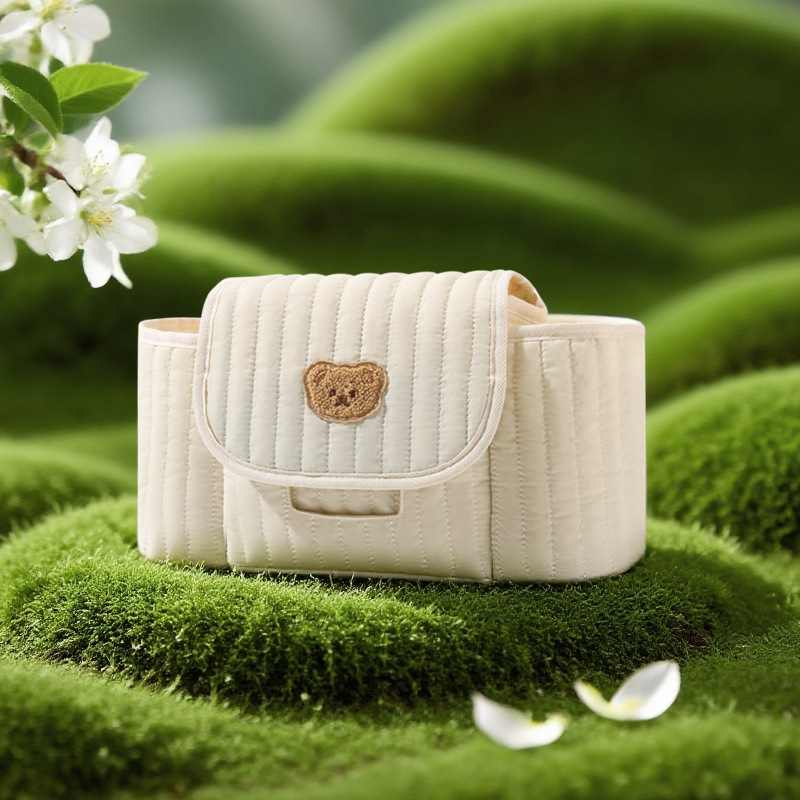 Geantă pentru cărucior cu broderie pe fermoar în stil coreean, geantă de depozitare mamă-bebeluș, poliester, respirabilă și ultra ușoară, curea de umăr curbată