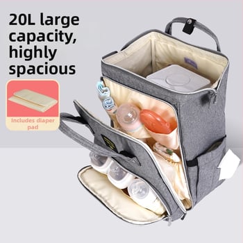 Mamos kuprinė – poliesteris, atspari vandeniui, sausas–drėgnas atskyrimas, maksimalus apkrova 15–20 kg, matmenys 42×27×8 cm