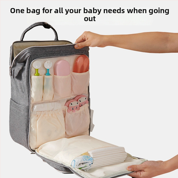 Mamos kuprinė – poliesteris, atspari vandeniui, sausas–drėgnas atskyrimas, maksimalus apkrova 15–20 kg, matmenys 42×27×8 cm