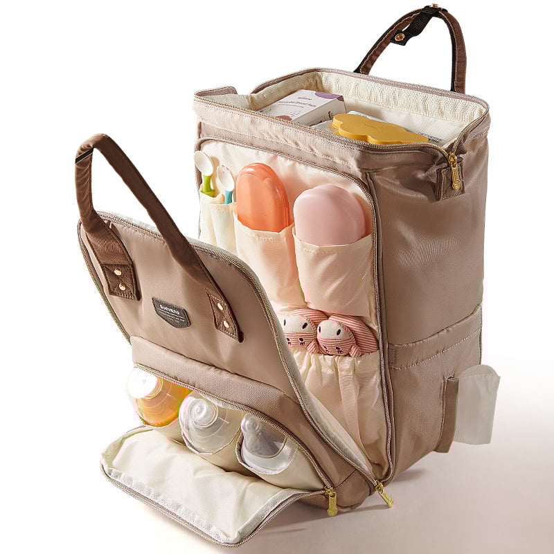 Mamos kuprinė – poliesteris, atspari vandeniui, sausas–drėgnas atskyrimas, maksimalus apkrova 15–20 kg, matmenys 42×27×8 cm