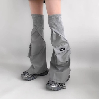 Leg Warmers cu patchuri din piele și buzunare 3D, stil flared, streetwear hip hop, 100% vâscoză (100% vâscoză • streetwear hip hop • lungime medie • păstrează căldura • rezistență la uzură)