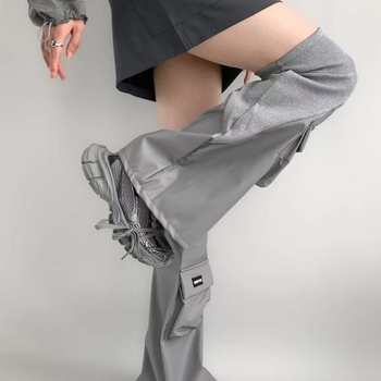 Leg Warmers cu patchuri din piele și buzunare 3D, stil flared, streetwear hip hop, 100% vâscoză (100% vâscoză • streetwear hip hop • lungime medie • păstrează căldura • rezistență la uzură)