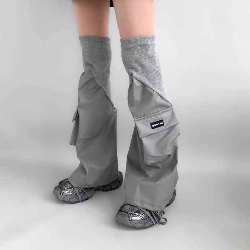 Leg Warmers cu patchuri din piele și buzunare 3D, stil flared, streetwear hip hop, 100% vâscoză (100% vâscoză • streetwear hip hop • lungime medie • păstrează căldura • rezistență la uzură)