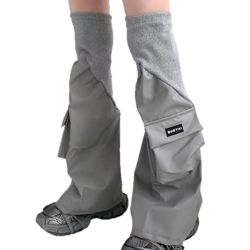 Leg Warmers cu patchuri din piele și buzunare 3D, stil flared, streetwear hip hop, 100% vâscoză (100% vâscoză • streetwear hip hop • lungime medie • păstrează căldura • rezistență la uzură)