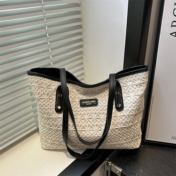 Geantă de umăr din paie pentru femei - modă stradală, material special, căptușeală poliester, formă orizontală pătrată, închidere cu fermoar