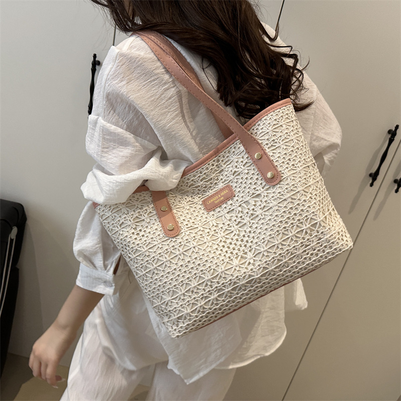 Geantă de umăr din paie pentru femei - modă stradală, material special, căptușeală poliester, formă orizontală pătrată, închidere cu fermoar