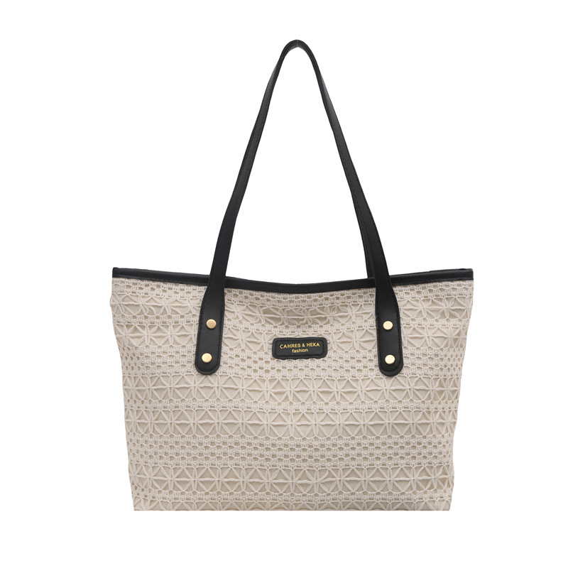 Geantă de umăr din paie pentru femei - modă stradală, material special, căptușeală poliester, formă orizontală pătrată, închidere cu fermoar