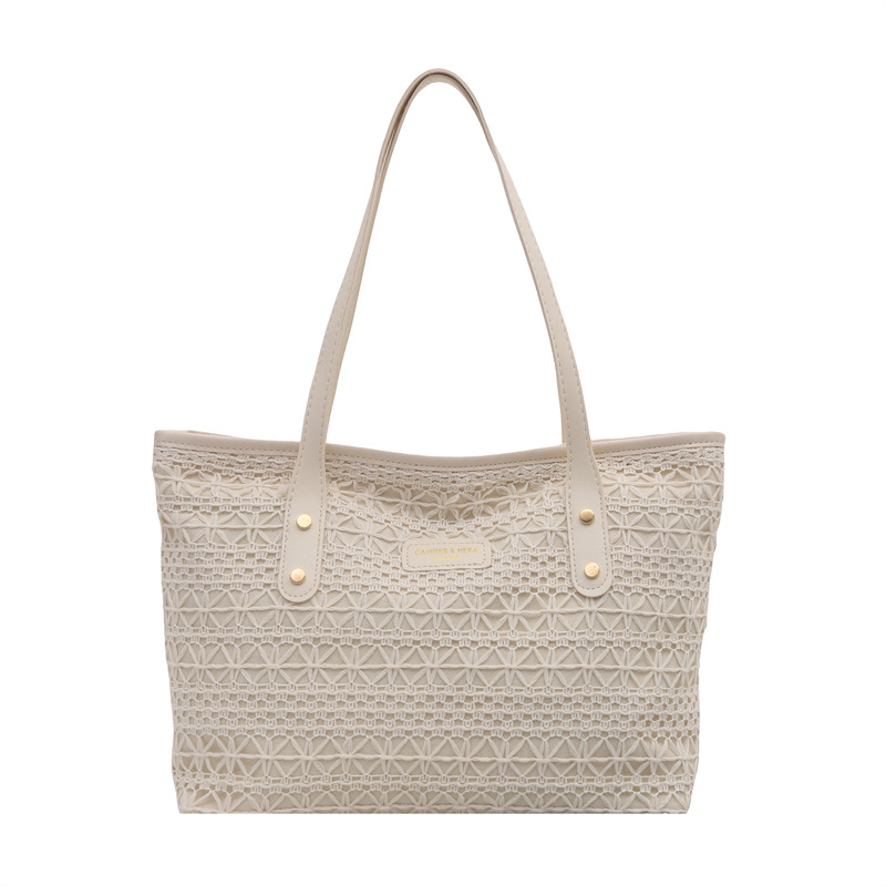 Geantă de umăr din paie pentru femei - modă stradală, material special, căptușeală poliester, formă orizontală pătrată, închidere cu fermoar