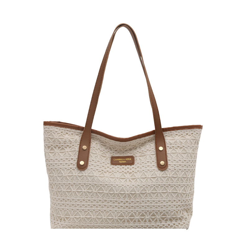 Geantă de umăr din paie pentru femei - modă stradală, material special, căptușeală poliester, formă orizontală pătrată, închidere cu fermoar