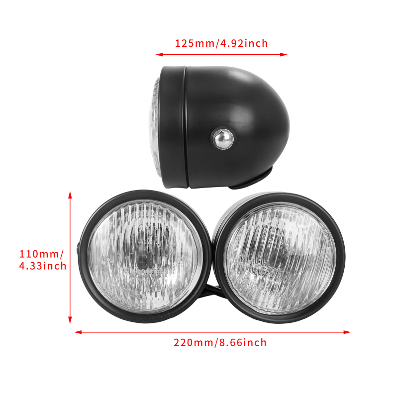 Far frontal pentru motocicletă, design retro CG125, GN universal compatibil, far dublu — corp din metal; 12V; 35W; capac din sticlă