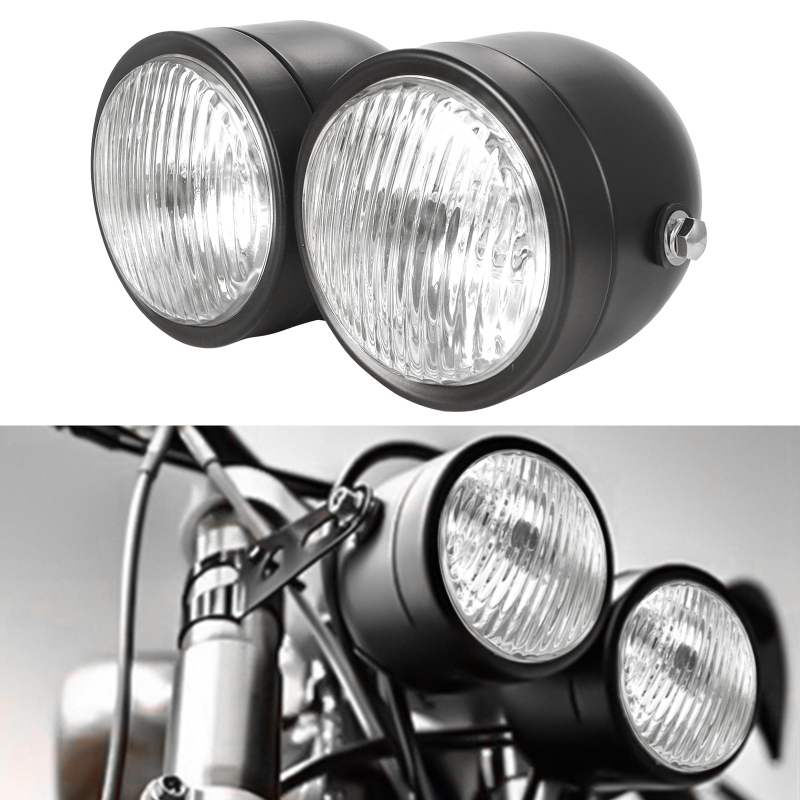 Far frontal pentru motocicletă, design retro CG125, GN universal compatibil, far dublu — corp din metal; 12V; 35W; capac din sticlă