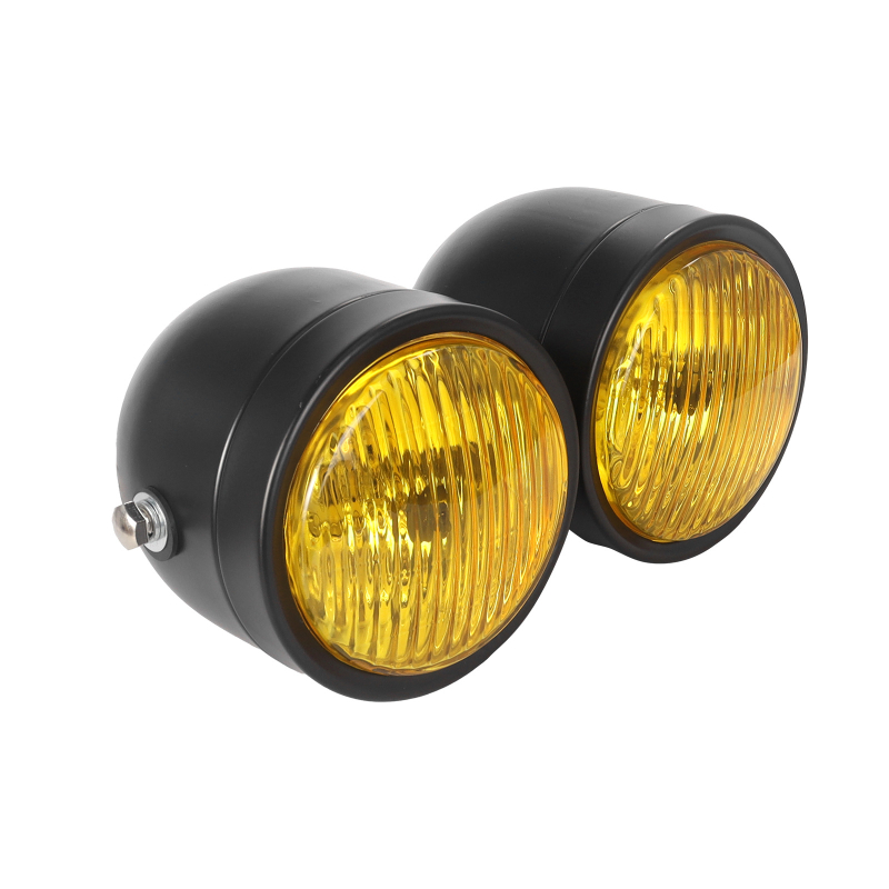 Far frontal pentru motocicletă, design retro CG125, GN universal compatibil, far dublu — corp din metal; 12V; 35W; capac din sticlă
