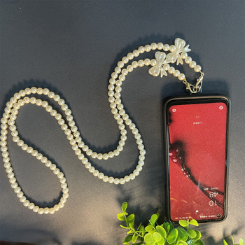 Lanyard pentru telefon cu șirag de perle artificiale și fluturi dubli, cordon din nailon și cataramă metalică