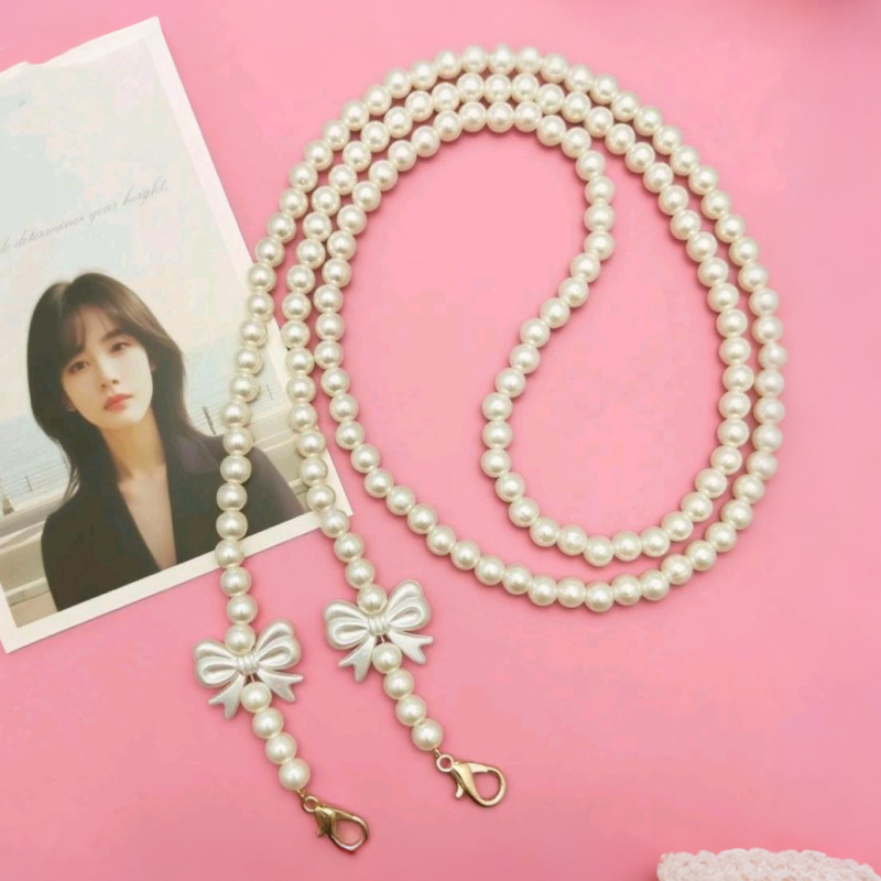 Lanyard pentru telefon cu șirag de perle artificiale și fluturi dubli, cordon din nailon și cataramă metalică