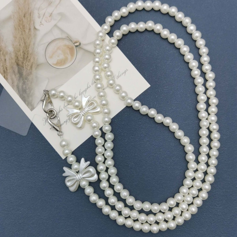 Lanyard pentru telefon cu șirag de perle artificiale și fluturi dubli, cordon din nailon și cataramă metalică