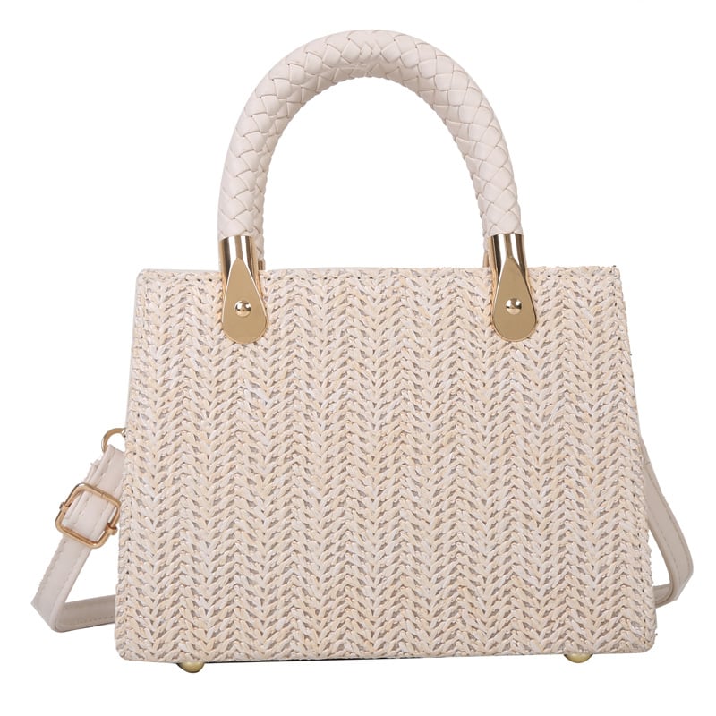 Keresztpántos táska szalma anyagból, horizontális négyzet alakú forma, cipzáras zárás, PU bélés, belső telefonzseb, nyár 2023