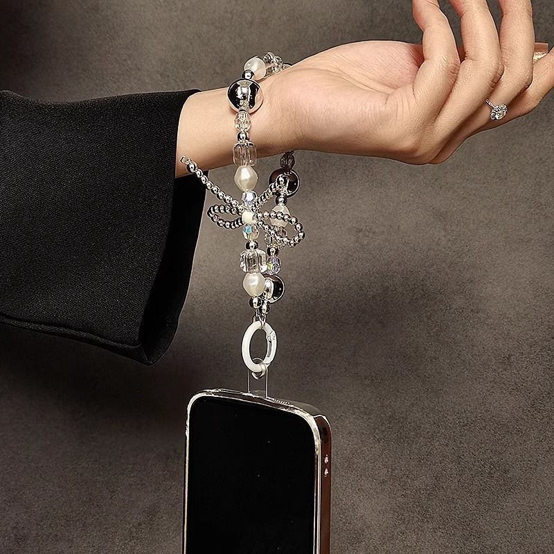 Lančić za mobitel s mašnicom i perlicama, PVC materijal, unisex, prilagodljiv, s kopčom